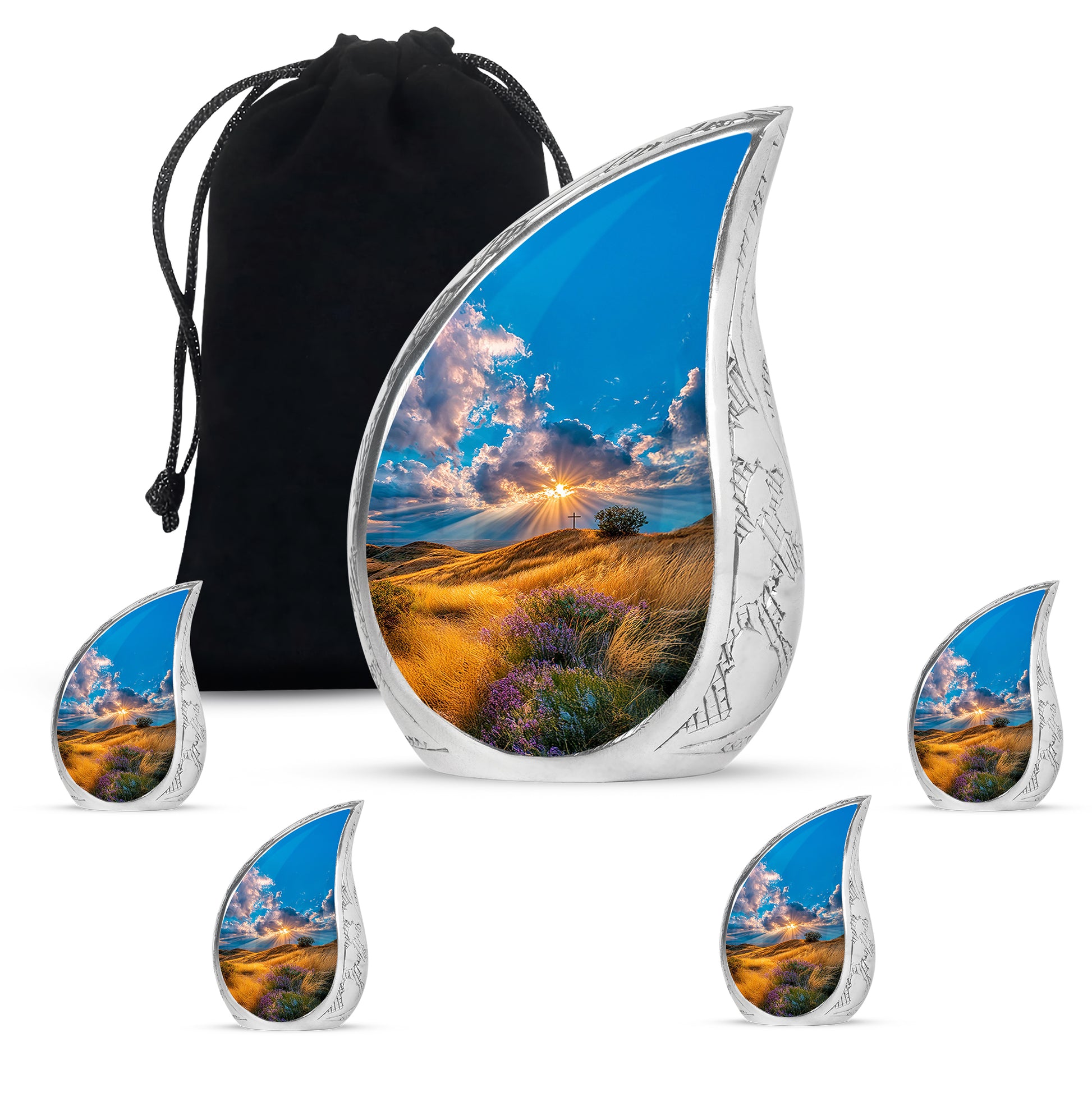 Powder Blue Cross Cremation Urn side profile showing urn shape - flowing teardrop cross silhouette on curved aluminum - memorial set with one large and four small urns
