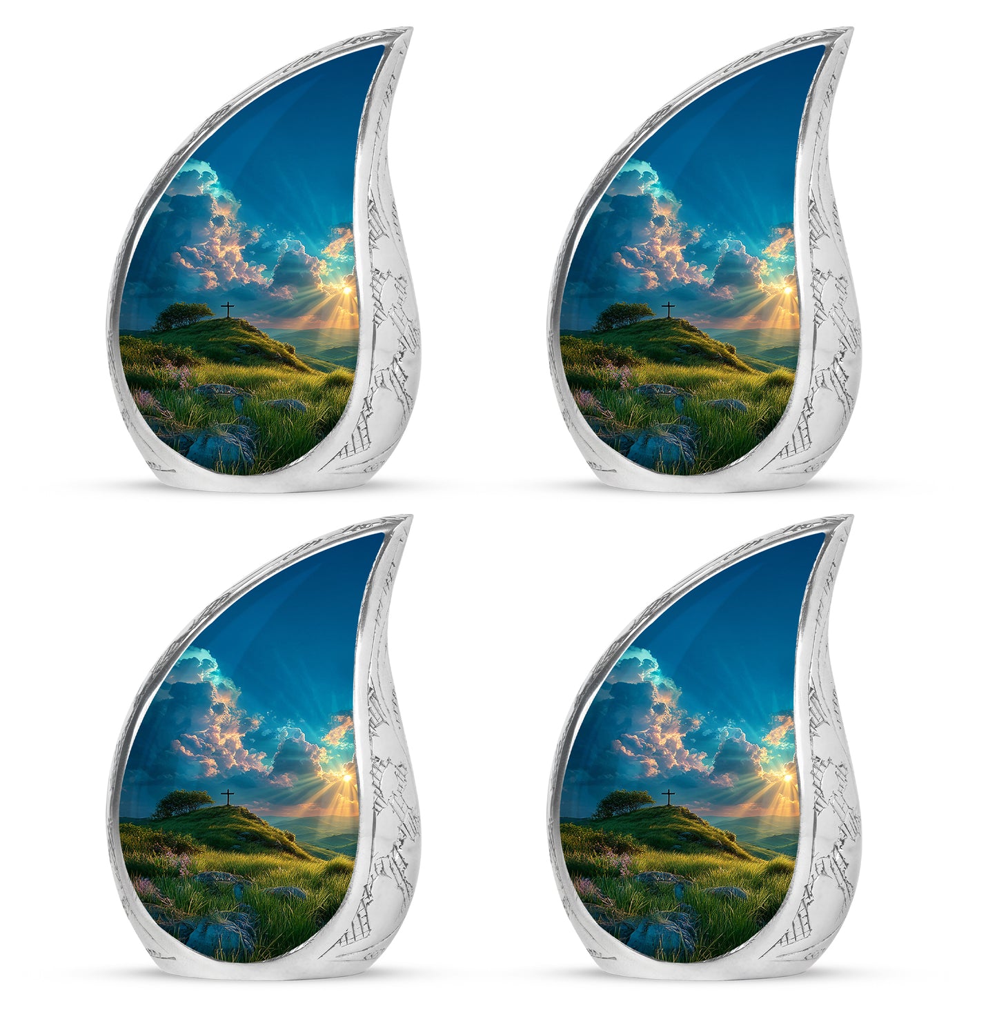Jewel Teal Cross Cremation Urn close-up of engraving and surface detail - flowing teardrop cross silhouette on curved aluminum - 10 inch aluminum urn for cremated remains