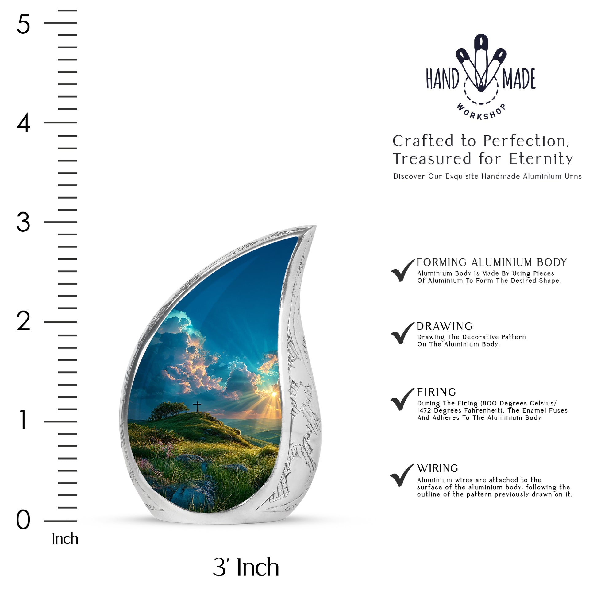 Ocean Teal Cross Cremation Urn angled view of lid and engraved motif - flowing teardrop cross silhouette on curved aluminum - mini keepsake memorial for portion of cremation ashes