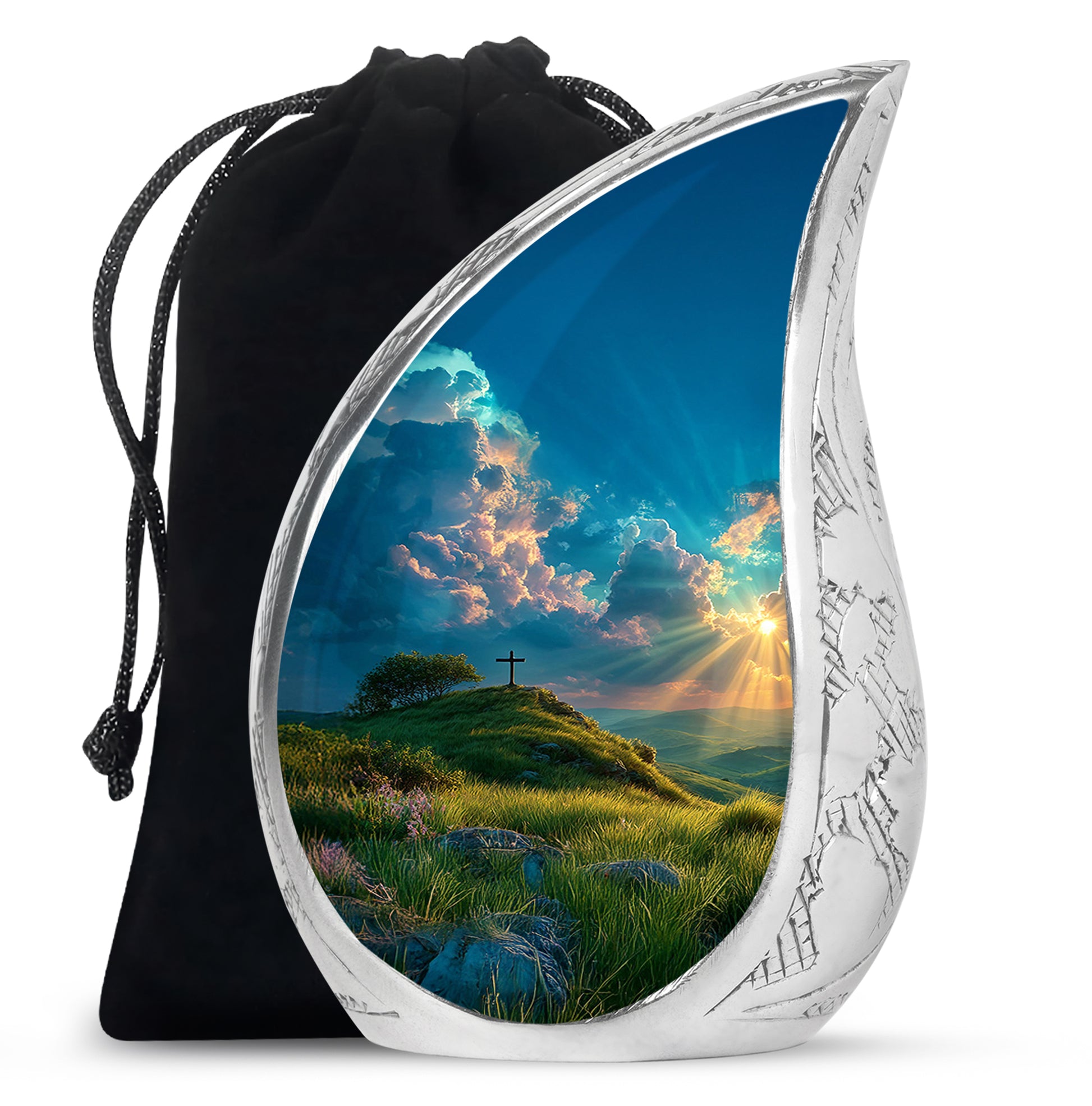 Soft Teal Cross Cremation Urn front view showing detailed design - rounded teardrop cross design with delicate detail - full-size 10 inch 200 cubic inch adult cremation urn