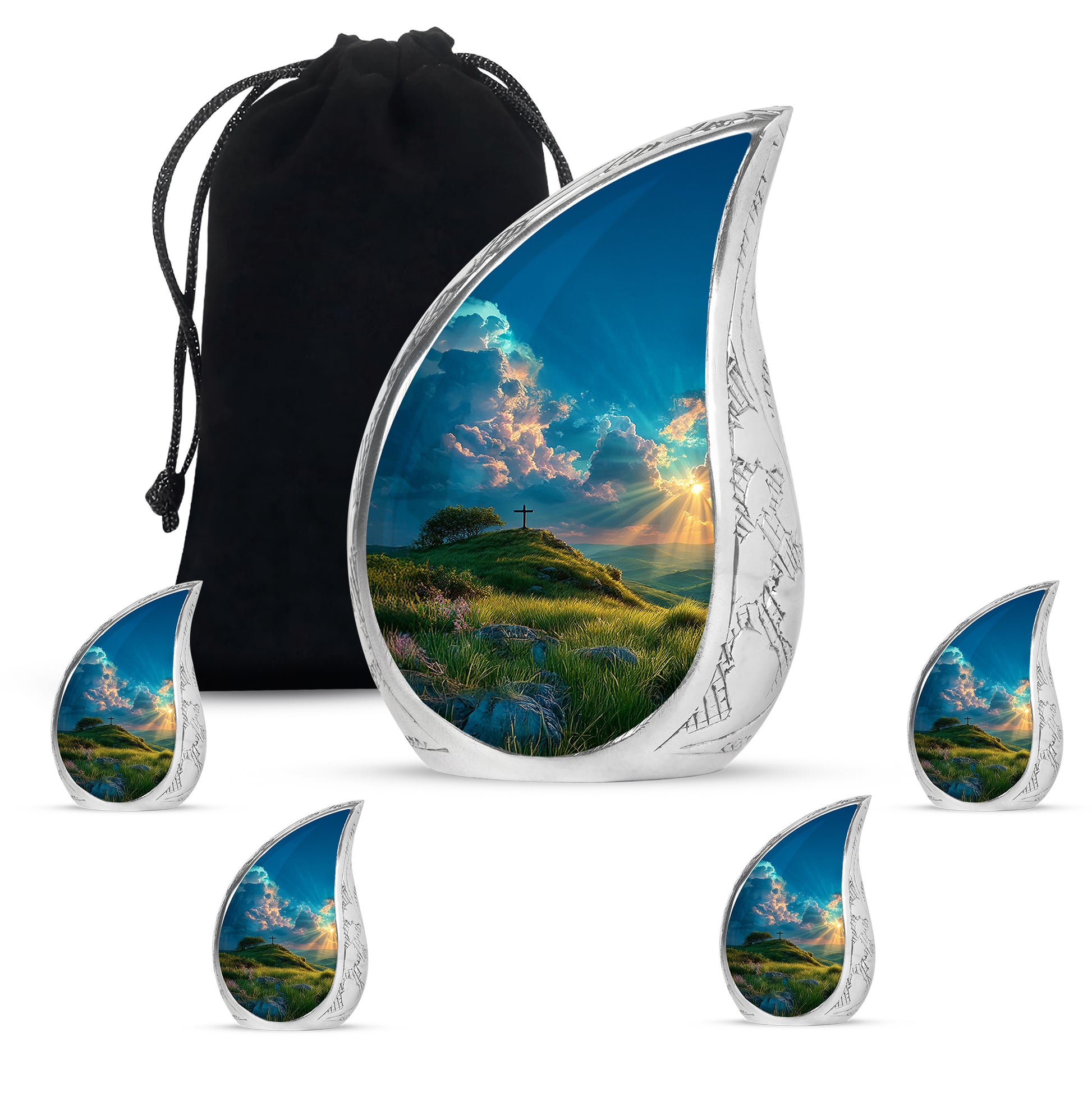 Deep Teal Cross Cremation Urn side profile showing urn shape - smooth teardrop contour featuring cross art - memorial set with one large and four small urns