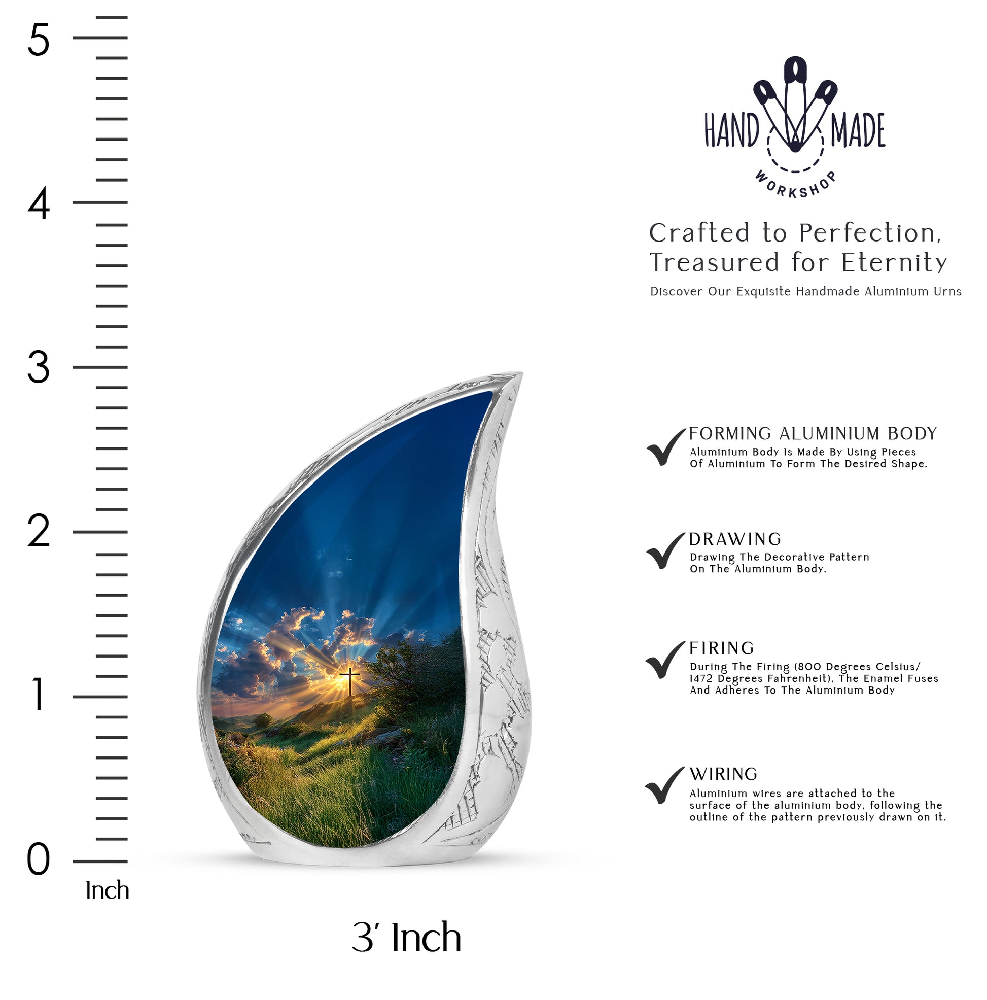 Serene Blue Cross Cremation Urn angled view of lid and engraved motif - graceful tear-shaped urn with cross motif - mini keepsake memorial for portion of cremation ashes
