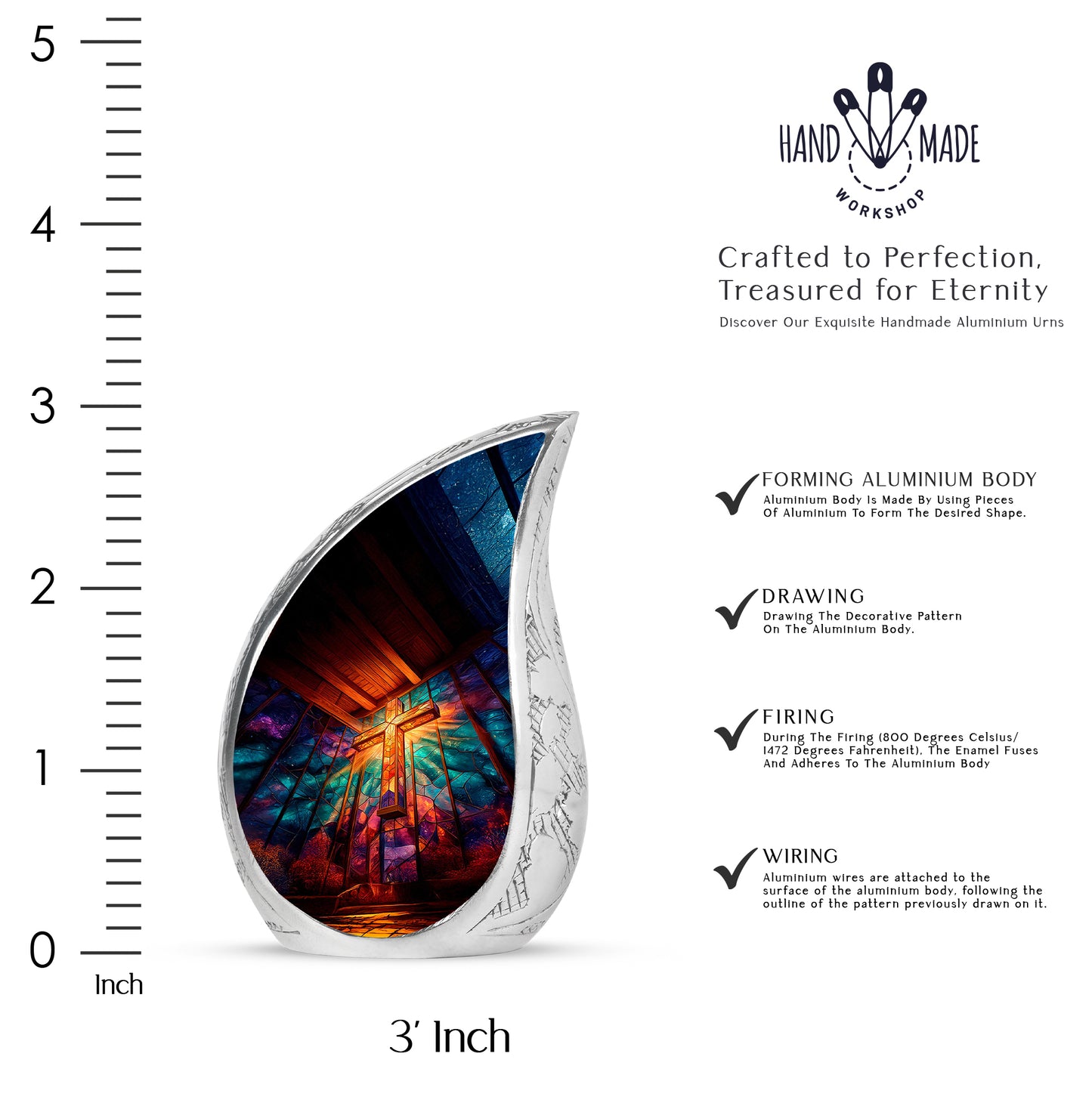 Cherry Red Cross Cremation Urn angled view of lid and engraved motif - smooth teardrop contour featuring cross art - mini keepsake memorial for portion of cremation ashes