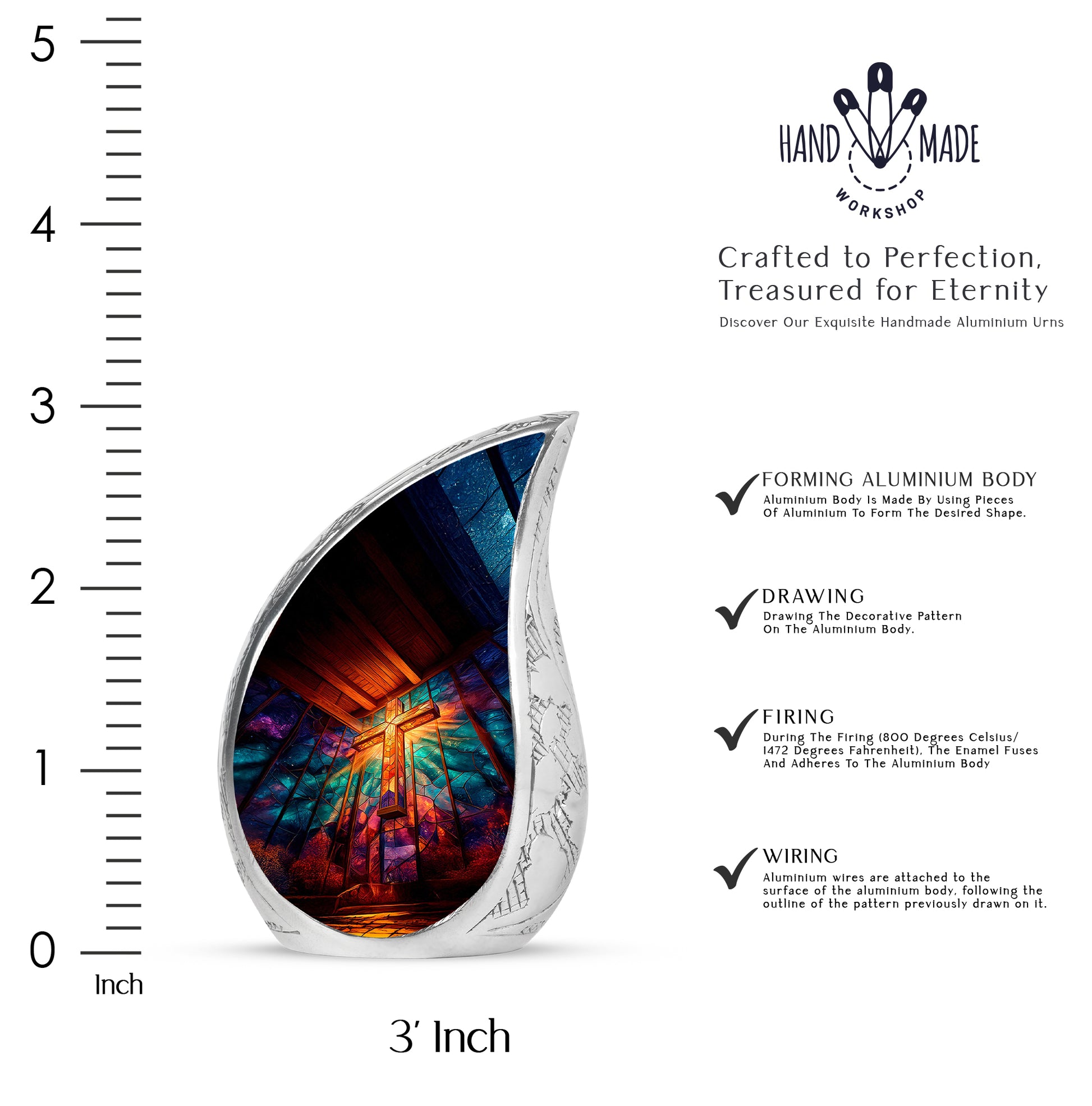 Cherry Red Cross Cremation Urn angled view of lid and engraved motif - smooth teardrop contour featuring cross art - mini keepsake memorial for portion of cremation ashes