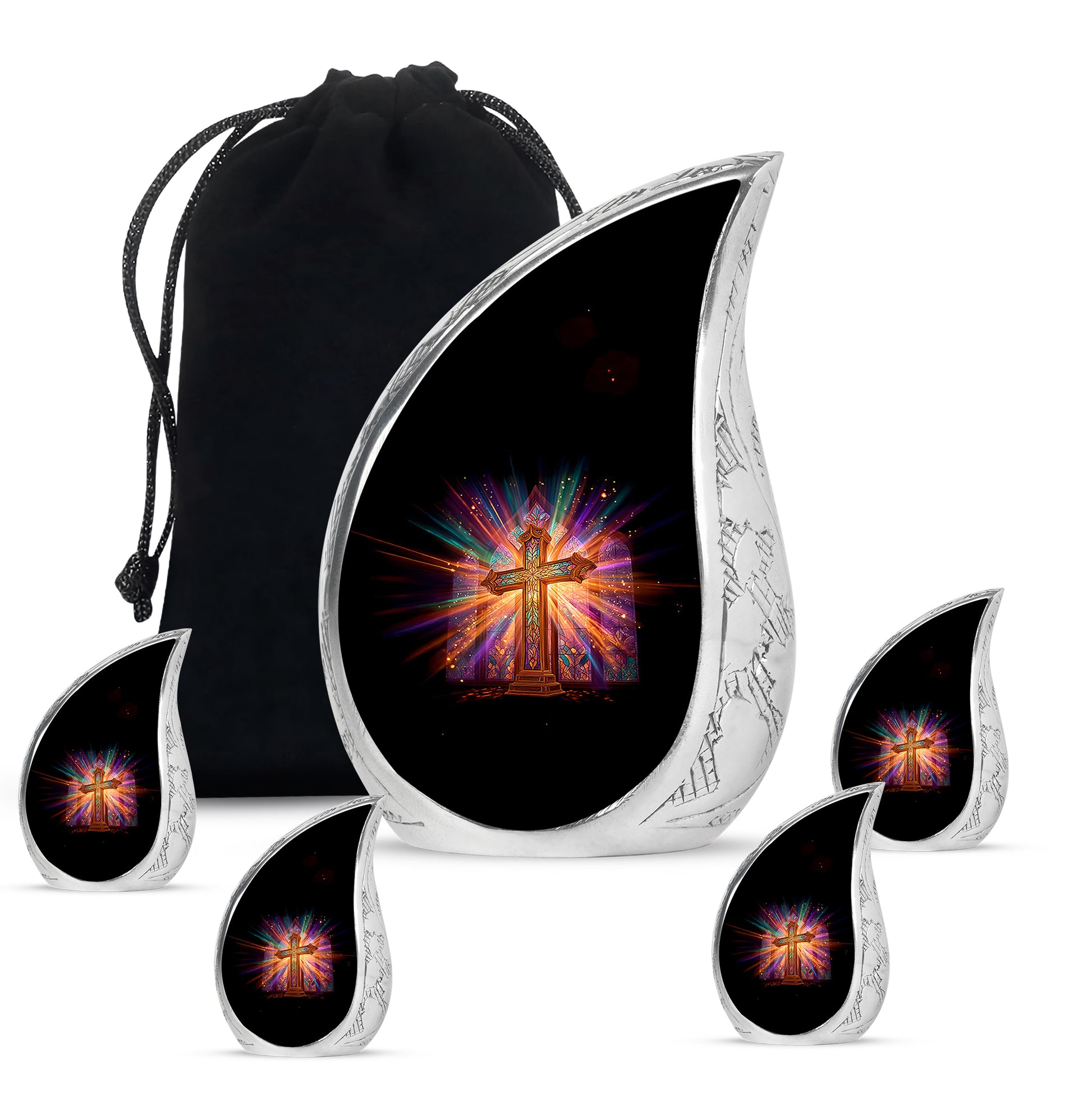 Dark Black Cross Cremation Urn side profile showing urn shape - smooth teardrop contour featuring cross art - memorial set with one large and four small urns