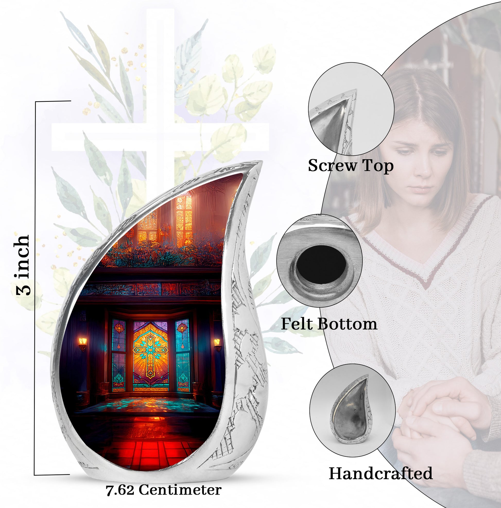Onyx Black Cross Cremation Urn angled view of lid and engraved motif - graceful tear-shaped urn with cross motif - mini keepsake memorial for portion of cremation ashes