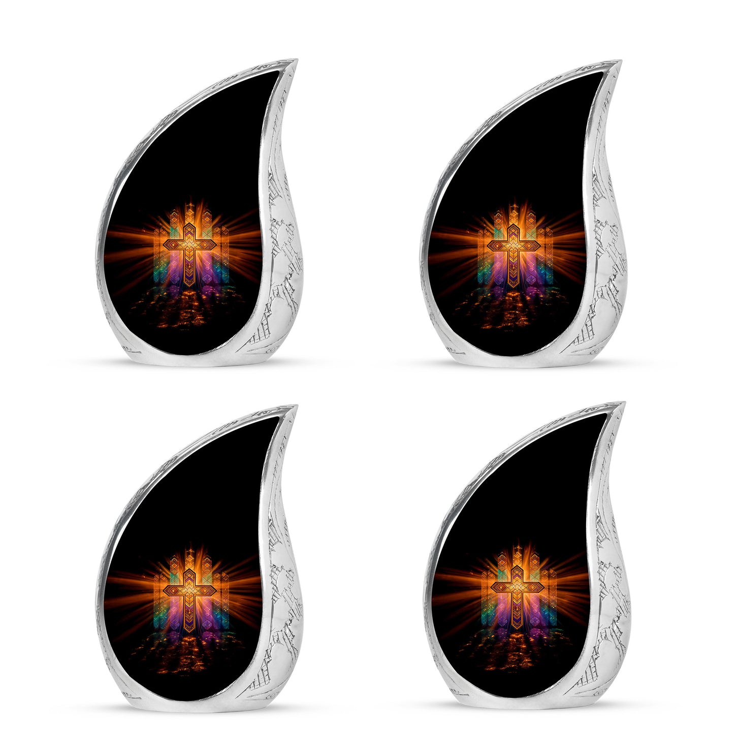 Onyx Black Cross Cremation Urn close-up of engraving and surface detail - smooth teardrop contour featuring cross art - 10 inch aluminum urn for cremated remains