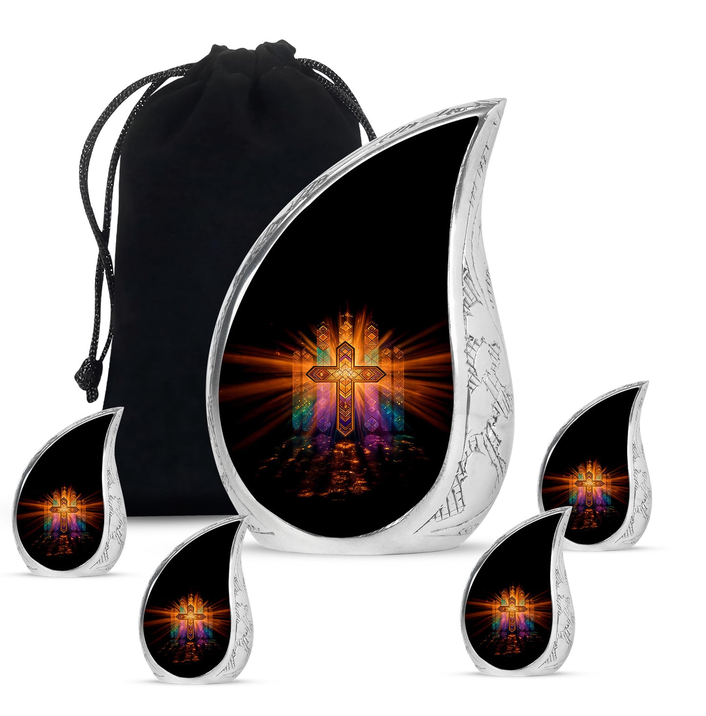 Midnight Black Cross Cremation Urn side profile showing urn shape - graceful tear-shaped urn with cross motif - memorial set with one large and four small urns