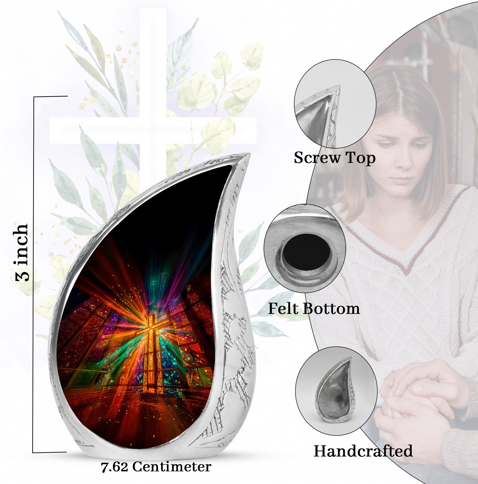 Petal Pink Cross Cremation Urn angled view of lid and engraved motif - smooth teardrop contour featuring cross art - mini keepsake memorial for portion of cremation ashes