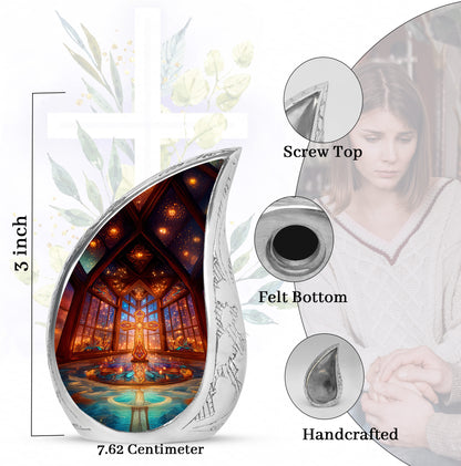 Fiery Red Cross Cremation Urn angled view of lid and engraved motif - smooth teardrop contour featuring cross art - mini keepsake memorial for portion of cremation ashes