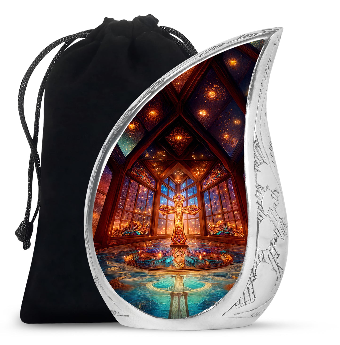 Garnet Red Cross Cremation Urn front view showing detailed design - flowing teardrop cross silhouette on curved aluminum - full-size 10 inch 200 cubic inch adult cremation urn