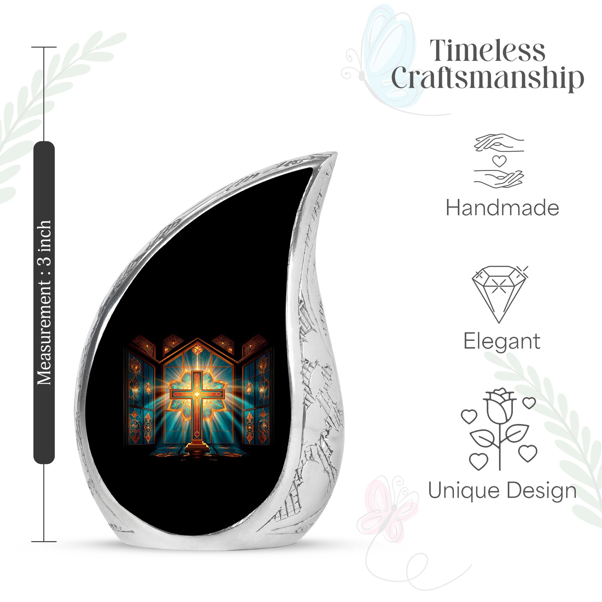 Garnet Red Cross Cremation Urn angled view of lid and engraved motif - flowing teardrop cross silhouette on curved aluminum - mini keepsake memorial for portion of cremation ashes