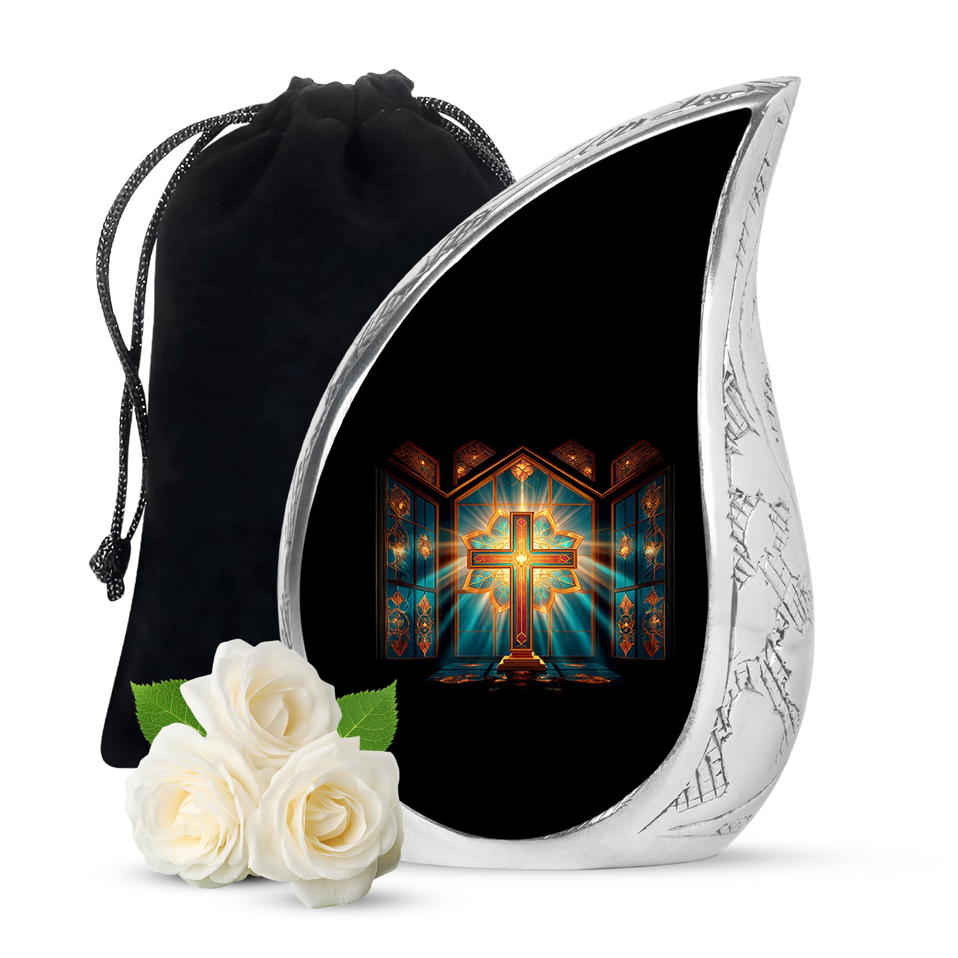Deep Red Cross Cremation Urn front view showing detailed design - flowing teardrop cross silhouette on curved aluminum - full-size 10 inch 200 cubic inch adult cremation urn