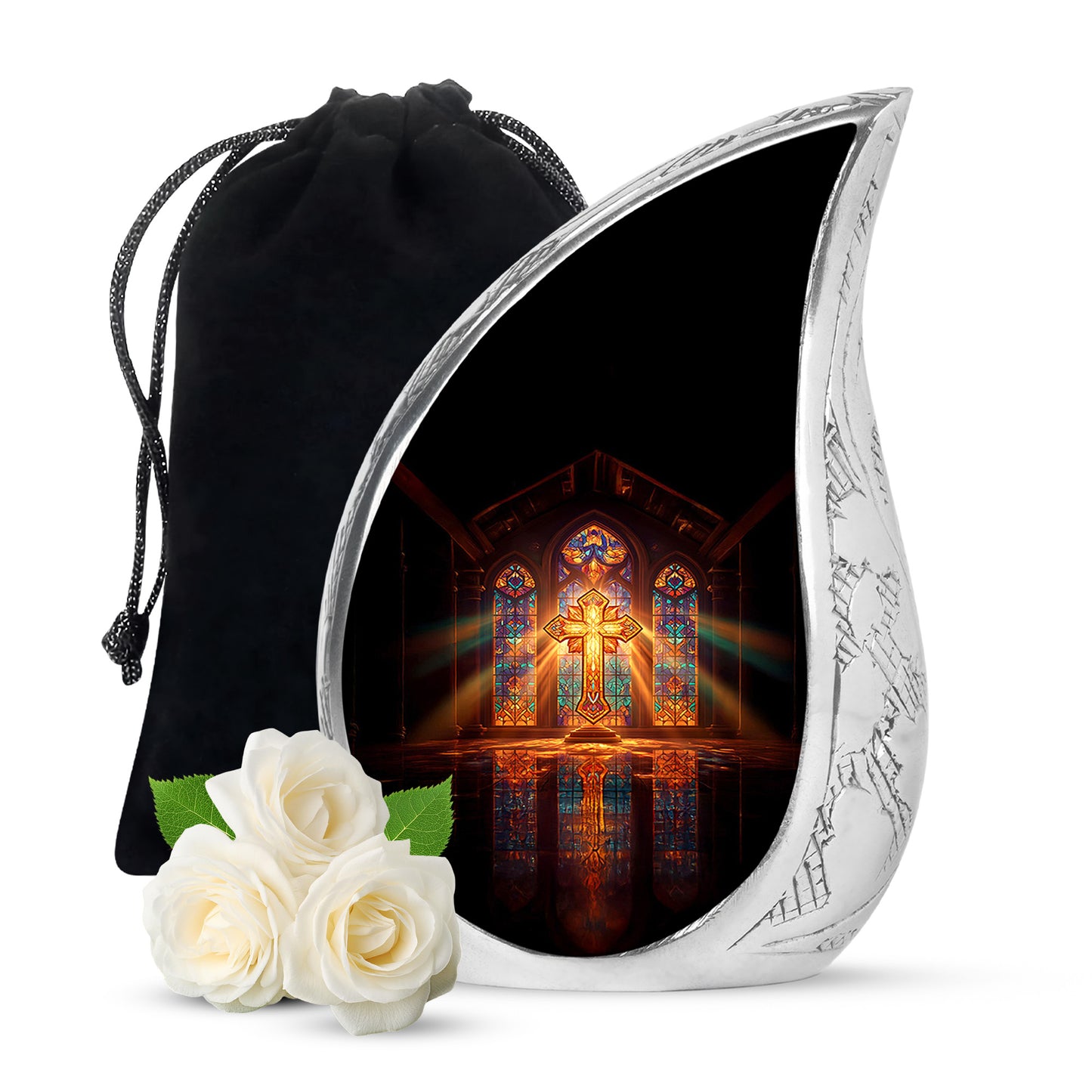 Burgundy Red Cross Cremation Urn front view showing detailed design - rounded teardrop cross design with delicate detail - full-size 10 inch 200 cubic inch adult cremation urn