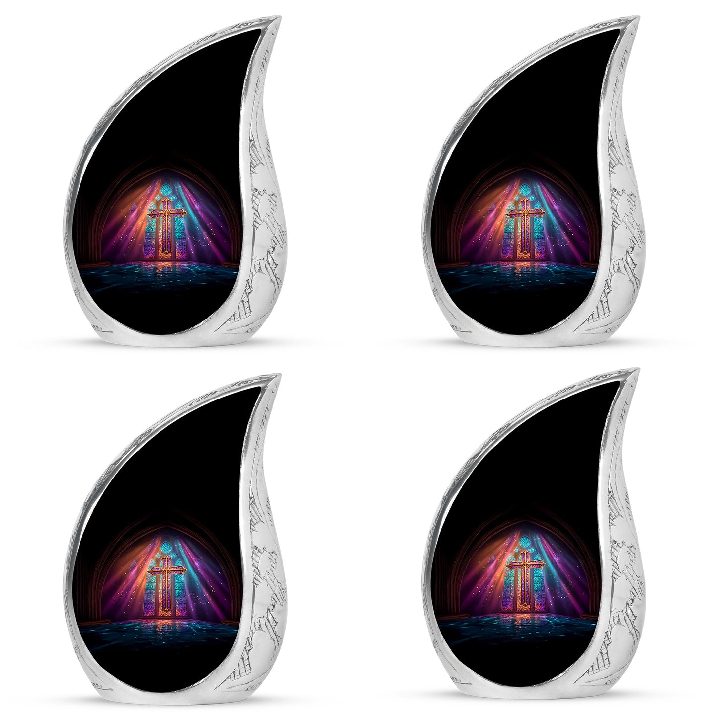 Dark Black Cross Cremation Urn close-up of engraving and surface detail - graceful tear-shaped urn with cross motif - 10 inch aluminum urn for cremated remains