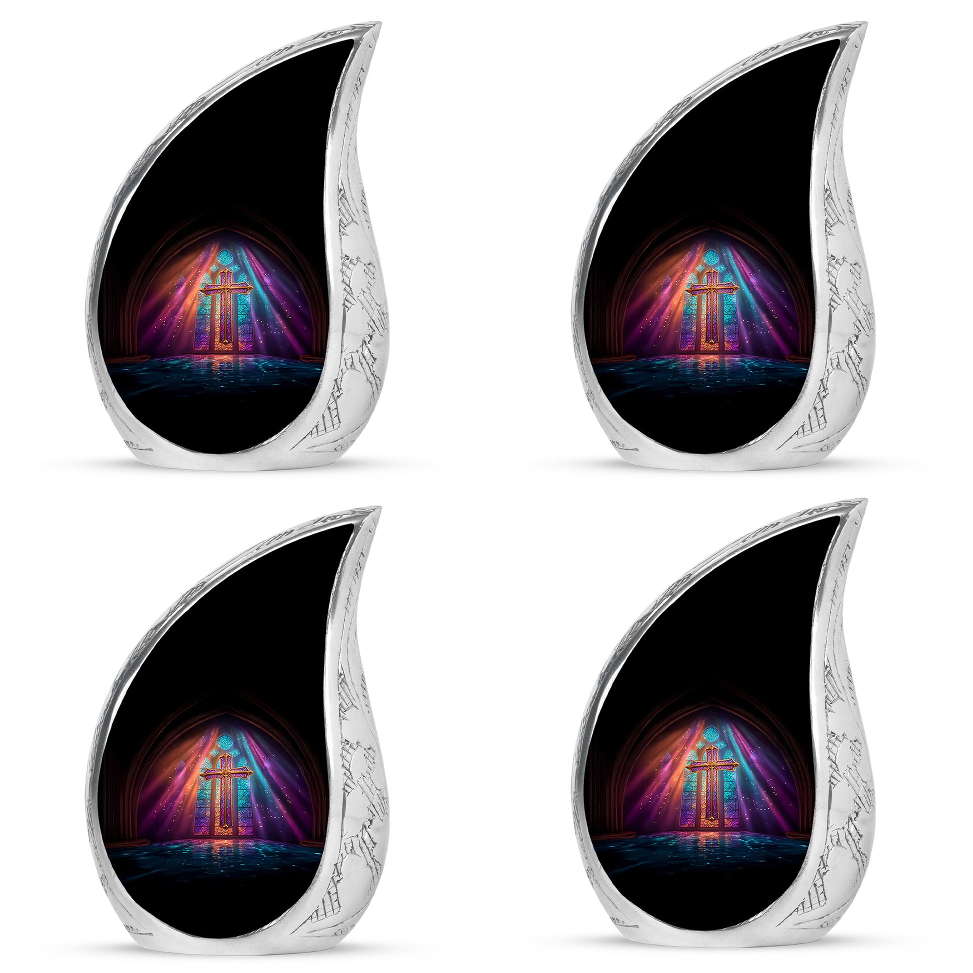 Dark Black Cross Cremation Urn close-up of engraving and surface detail - graceful tear-shaped urn with cross motif - 10 inch aluminum urn for cremated remains