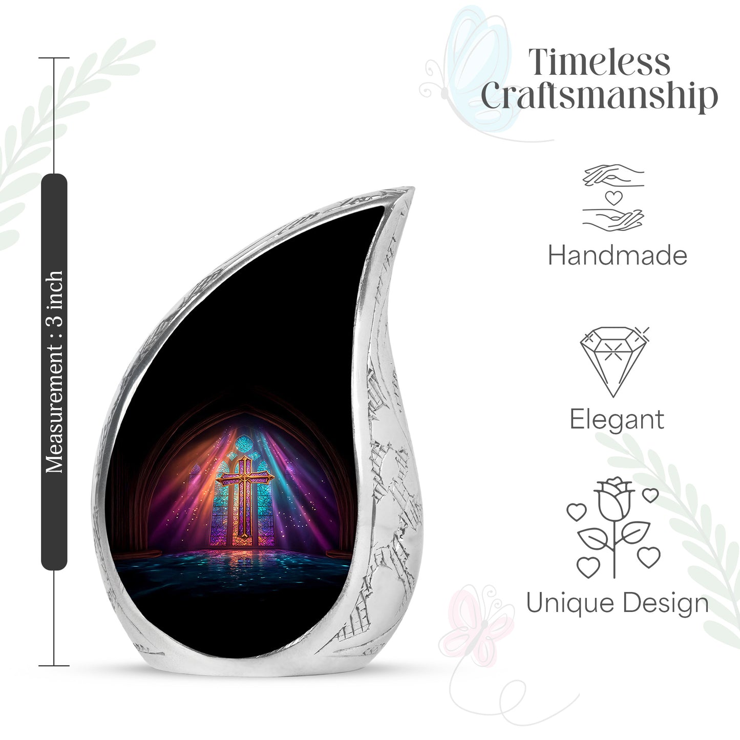 Obsidian Black Cross Cremation Urn angled view of lid and engraved motif - graceful tear-shaped urn with cross motif - mini keepsake memorial for portion of cremation ashes