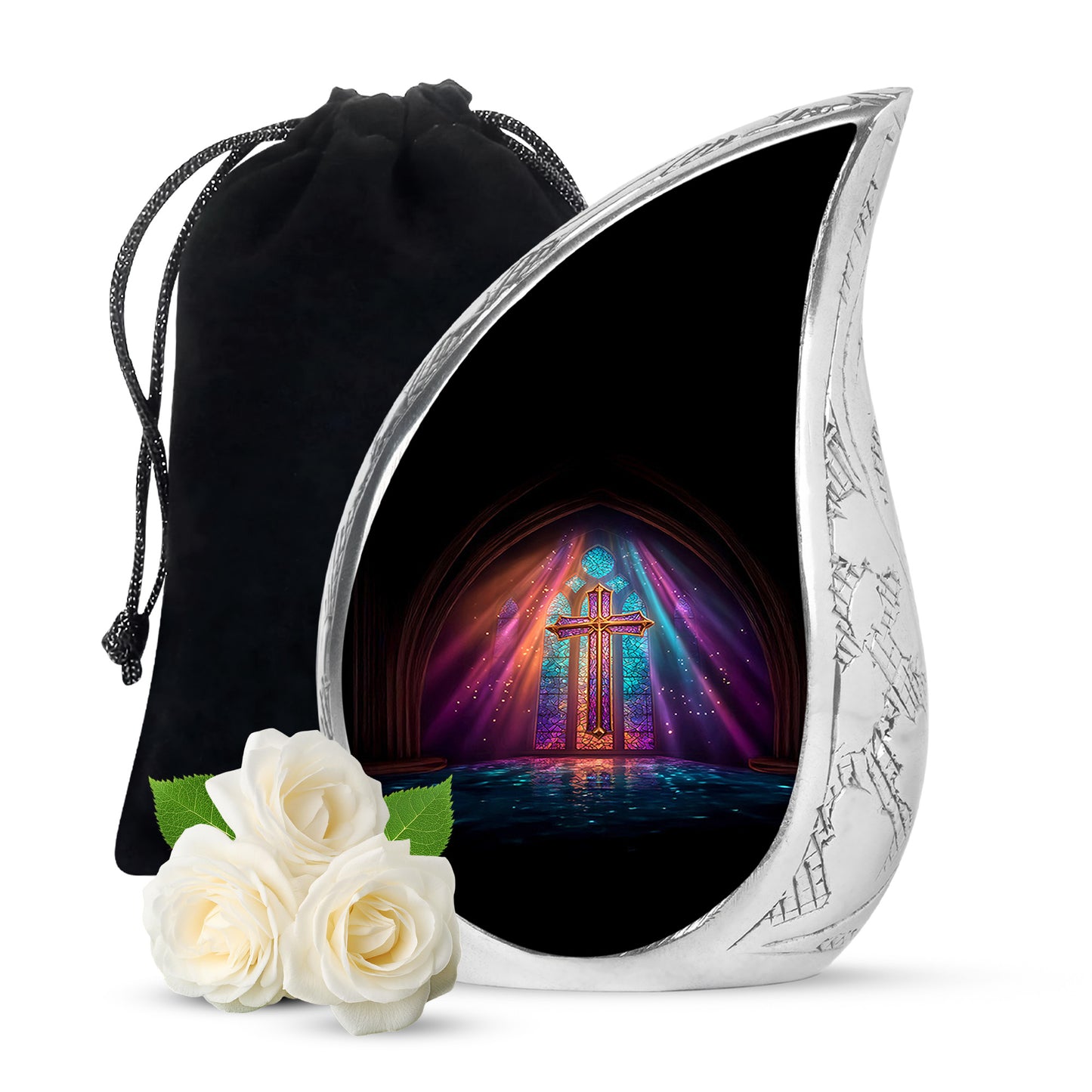 Rich Black Cross Cremation Urn front view showing detailed design - rounded teardrop cross design with delicate detail - full-size 10 inch 200 cubic inch adult cremation urn