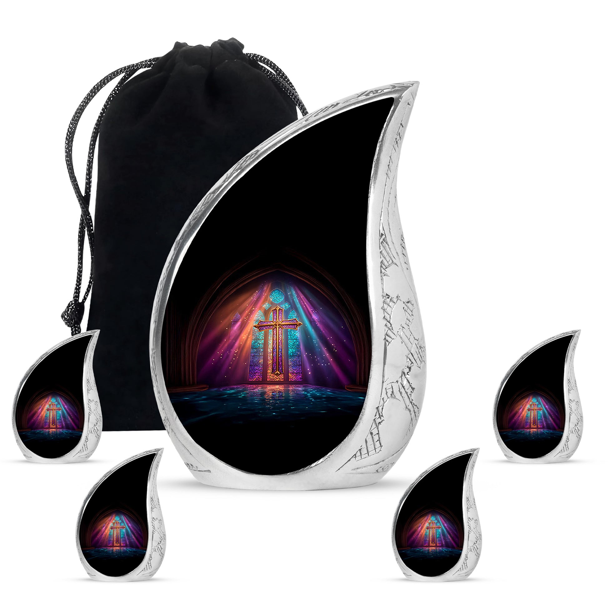 Jet Black Cross Cremation Urn side profile showing urn shape - flowing teardrop cross silhouette on curved aluminum - memorial set with one large and four small urns