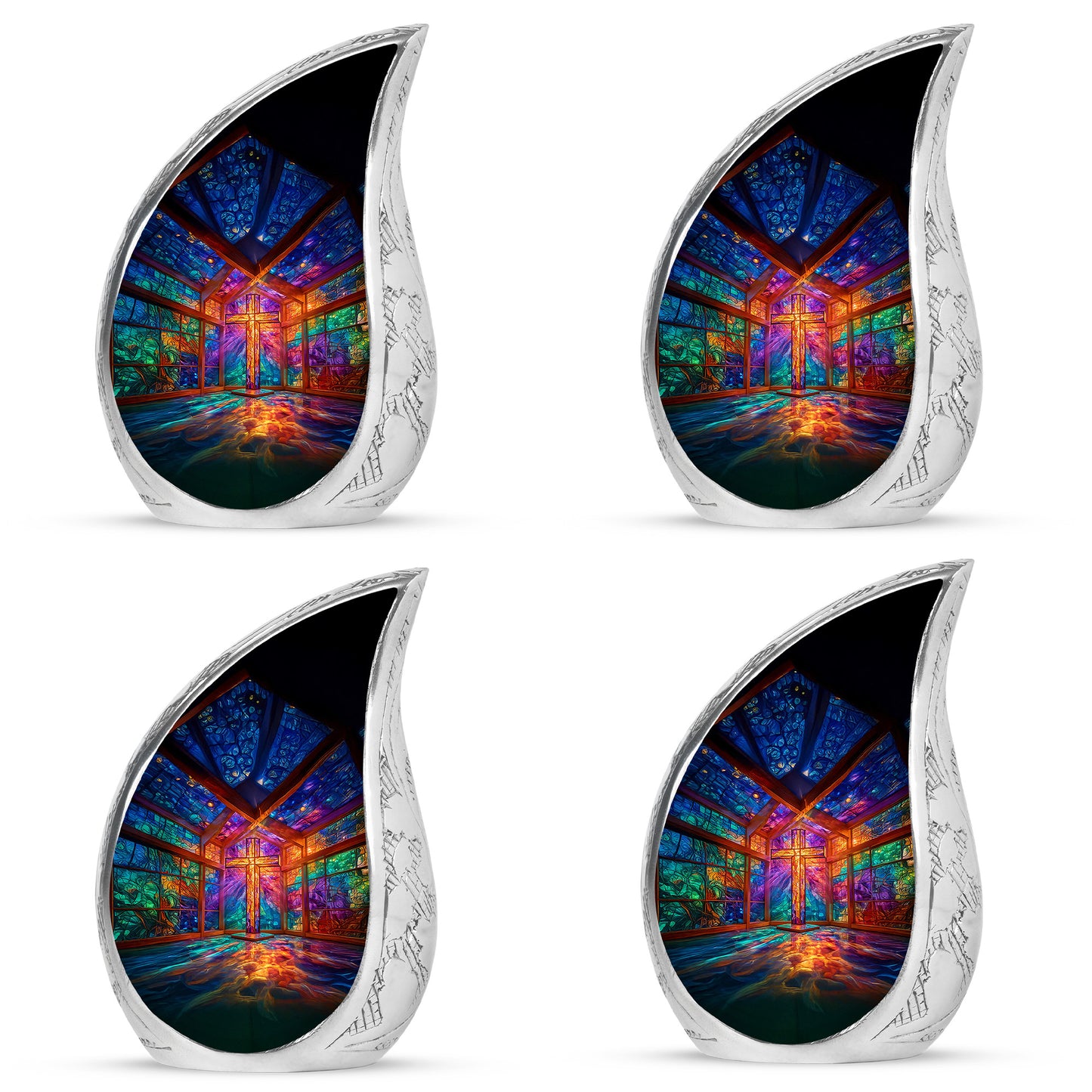 Majestic Purple Cross Cremation Urn close-up of engraving and surface detail - flowing teardrop cross silhouette on curved aluminum - 10 inch aluminum urn for cremated remains
