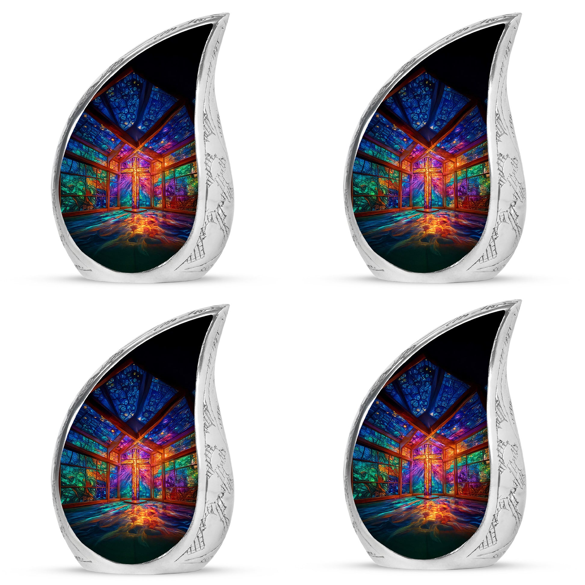 Majestic Purple Cross Cremation Urn close-up of engraving and surface detail - flowing teardrop cross silhouette on curved aluminum - 10 inch aluminum urn for cremated remains