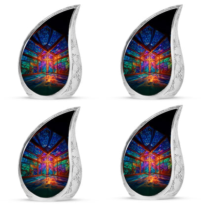 Majestic Purple Cross Cremation Urn close-up of engraving and surface detail - flowing teardrop cross silhouette on curved aluminum - 10 inch aluminum urn for cremated remains