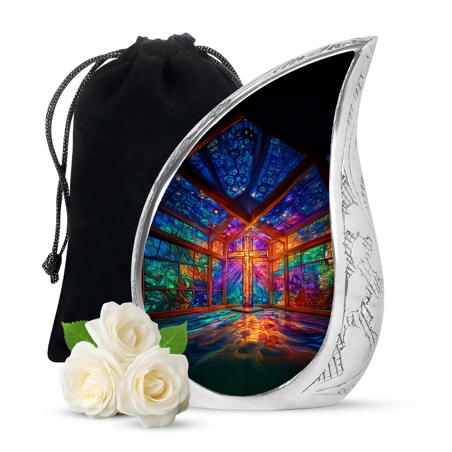 Twilight Purple Cross Cremation Urn front view showing detailed design - smooth teardrop contour featuring cross art - full-size 10 inch 200 cubic inch adult cremation urn