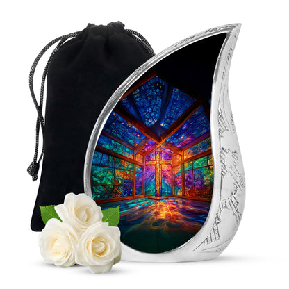 Twilight Purple Cross Cremation Urn front view showing detailed design - smooth teardrop contour featuring cross art - full-size 10 inch 200 cubic inch adult cremation urn
