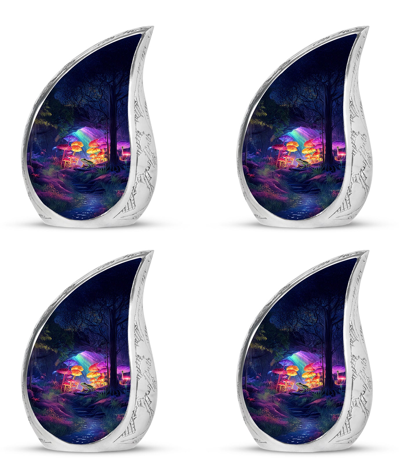 Dusty Blue Frog Cremation Urn close-up of engraving and surface detail - flowing teardrop frog silhouette on curved aluminum - 10 inch aluminum urn for cremated remains