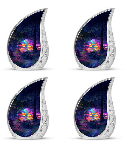 Dusty Blue Frog Cremation Urn close-up of engraving and surface detail - flowing teardrop frog silhouette on curved aluminum - 10 inch aluminum urn for cremated remains