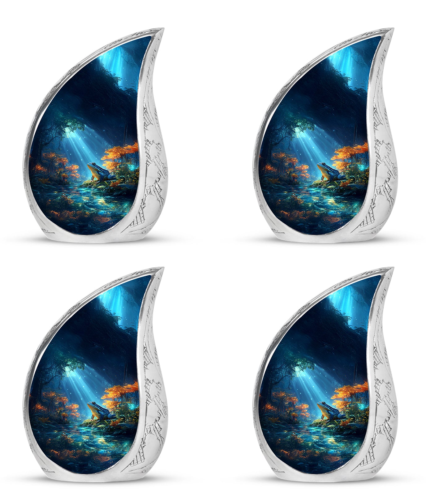 Twilight Blue Frog Cremation Urn close-up of engraving and surface detail - smooth teardrop contour featuring frog art - 10 inch aluminum urn for cremated remains