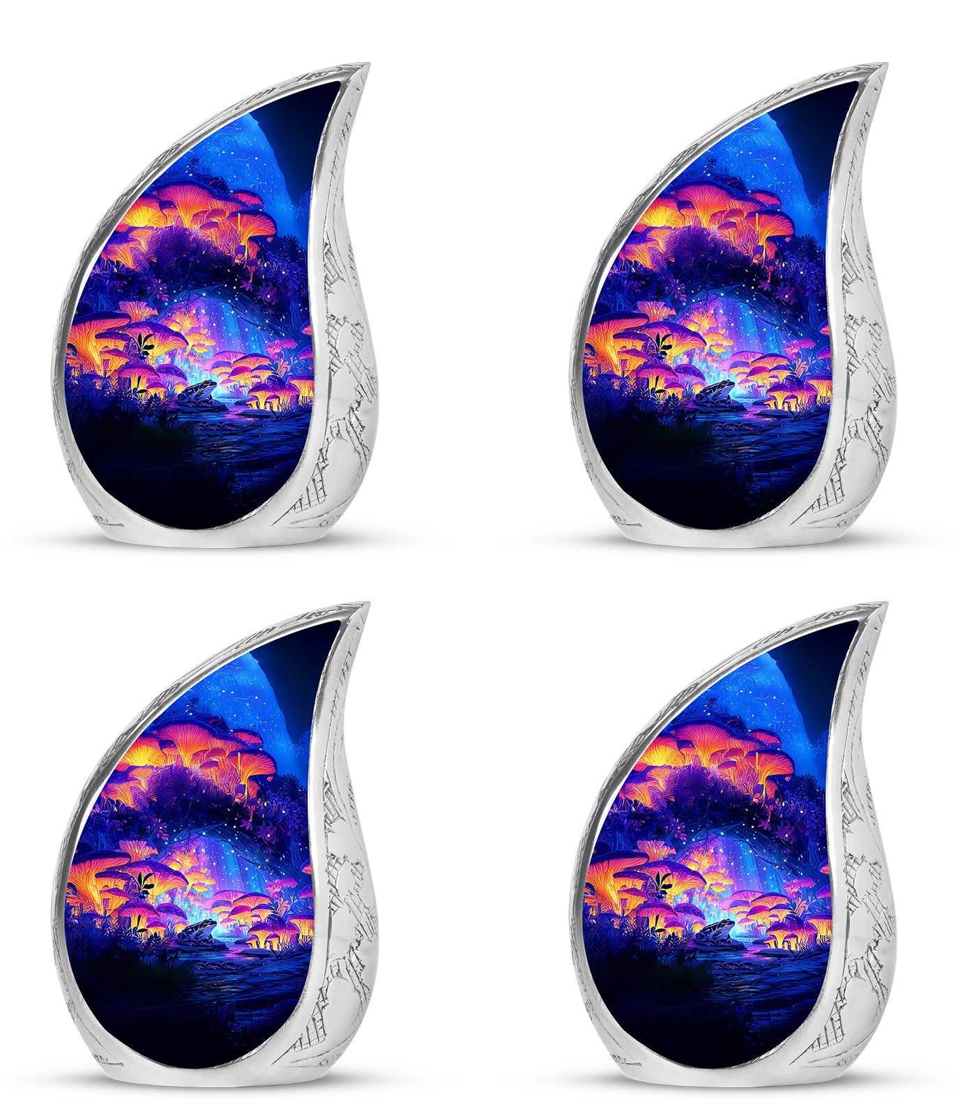 Dusty Blue Frog Cremation Urn close-up of engraving and surface detail - rounded teardrop frog design with delicate detail - 10 inch aluminum urn for cremated remains