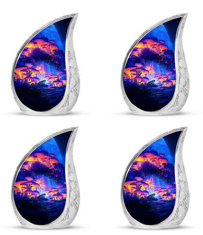 Dusty Blue Frog Cremation Urn close-up of engraving and surface detail - rounded teardrop frog design with delicate detail - 10 inch aluminum urn for cremated remains