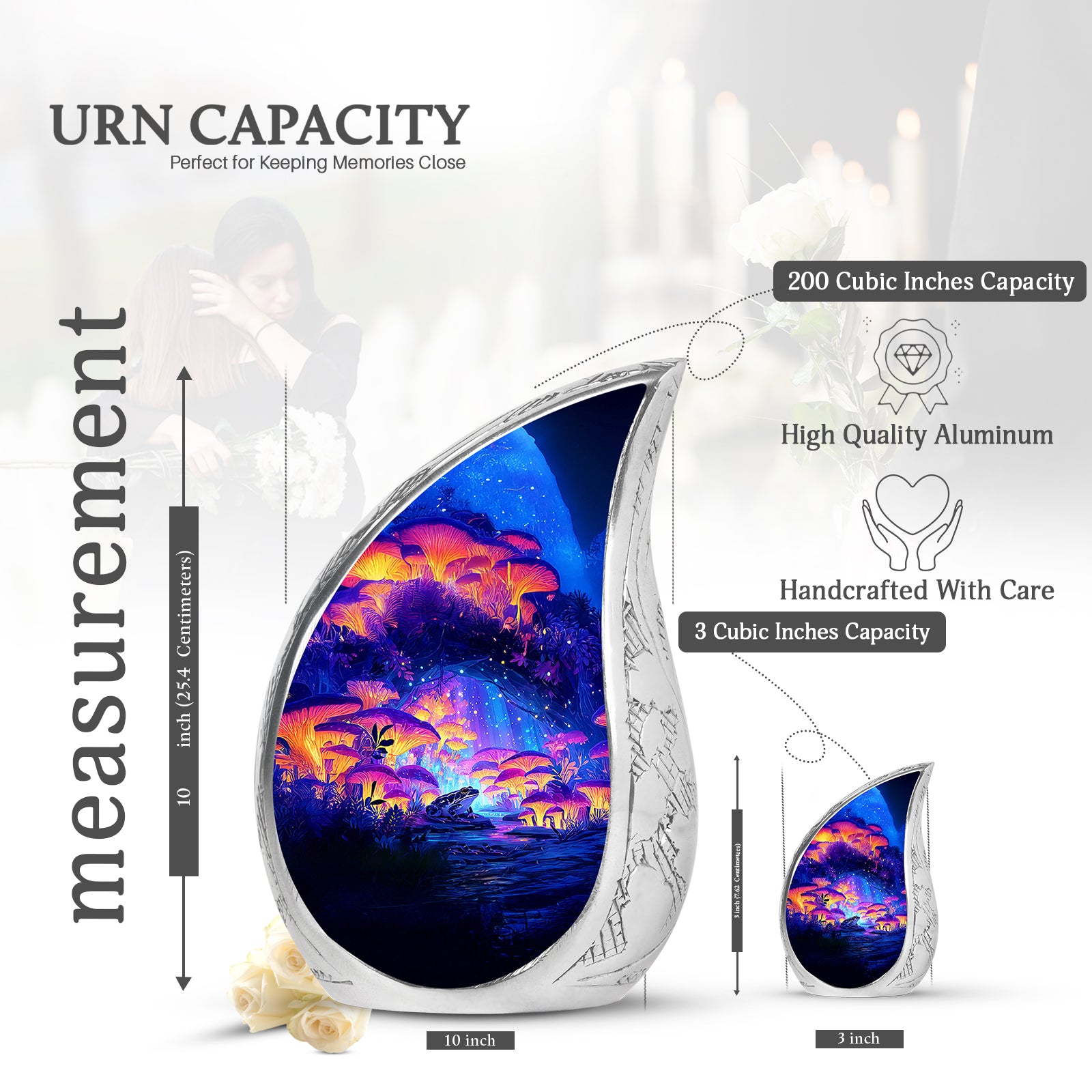 Steel Blue Frog Cremation Urn angled view of lid and engraved motif - smooth teardrop contour featuring frog art - mini keepsake memorial for portion of cremation ashes