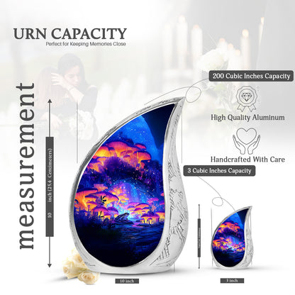 Steel Blue Frog Cremation Urn angled view of lid and engraved motif - smooth teardrop contour featuring frog art - mini keepsake memorial for portion of cremation ashes