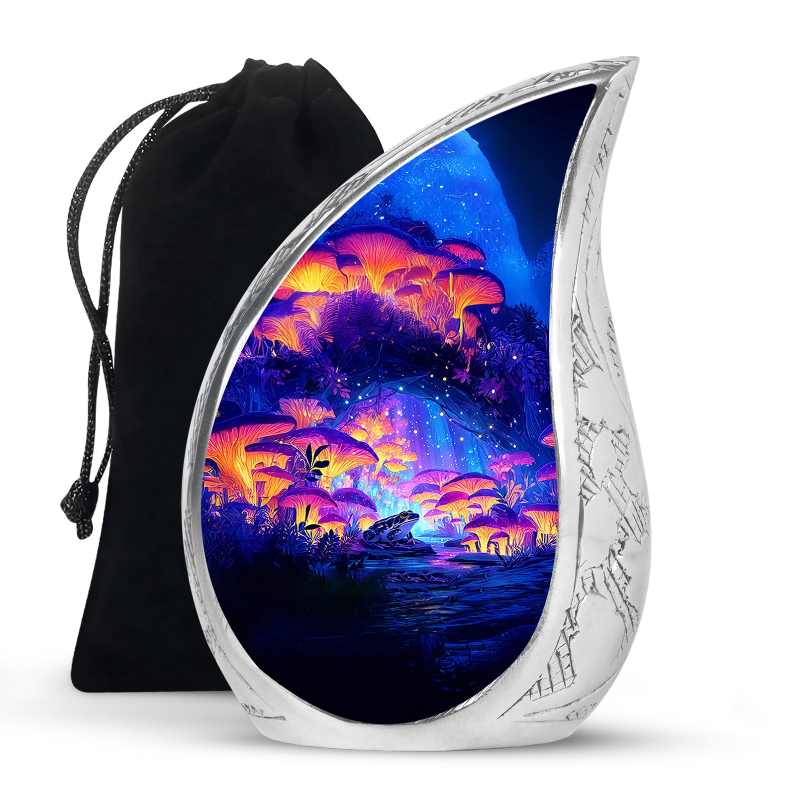 Azure Frog Cremation Urn front view showing detailed design - flowing teardrop frog silhouette on curved aluminum - full-size 10 inch 200 cubic inch adult cremation urn