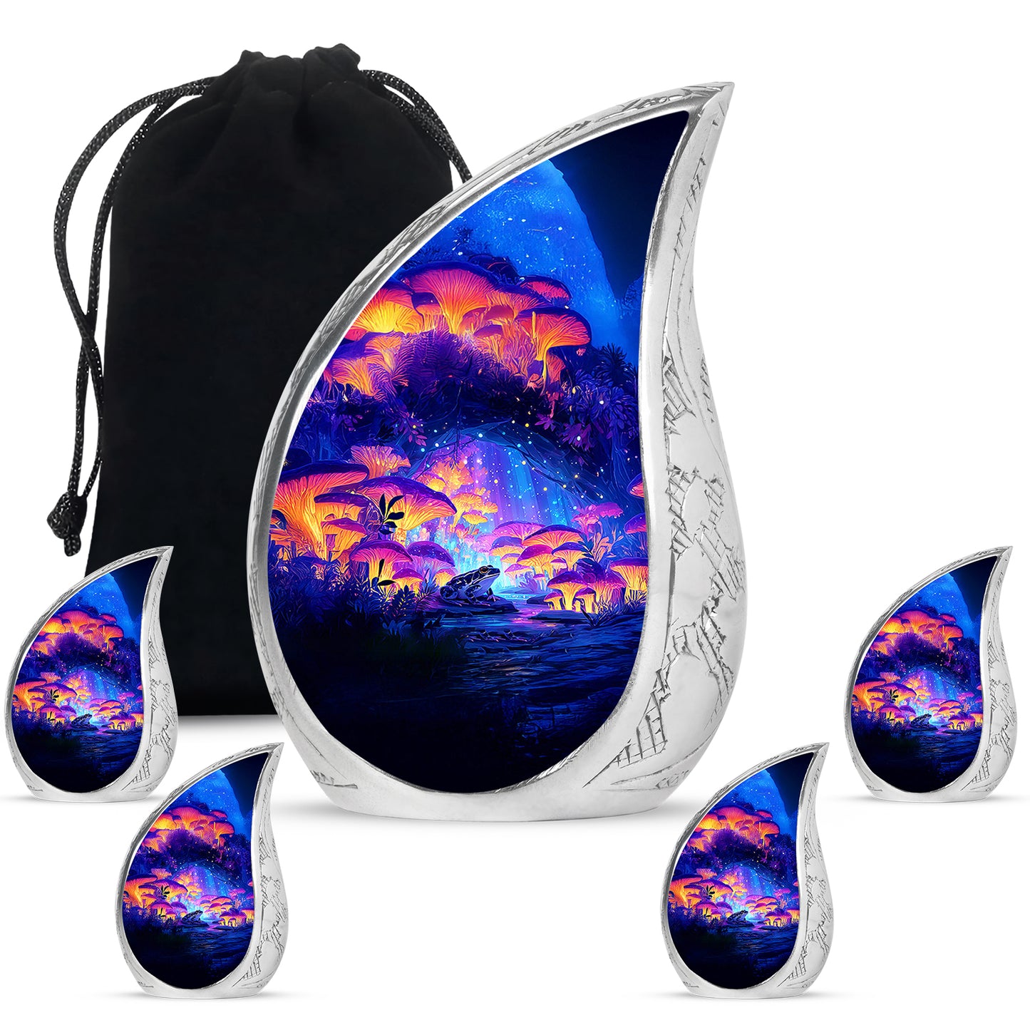 Azure Frog Cremation Urn side profile showing urn shape - rounded teardrop frog design with delicate detail - memorial set with one large and four small urns