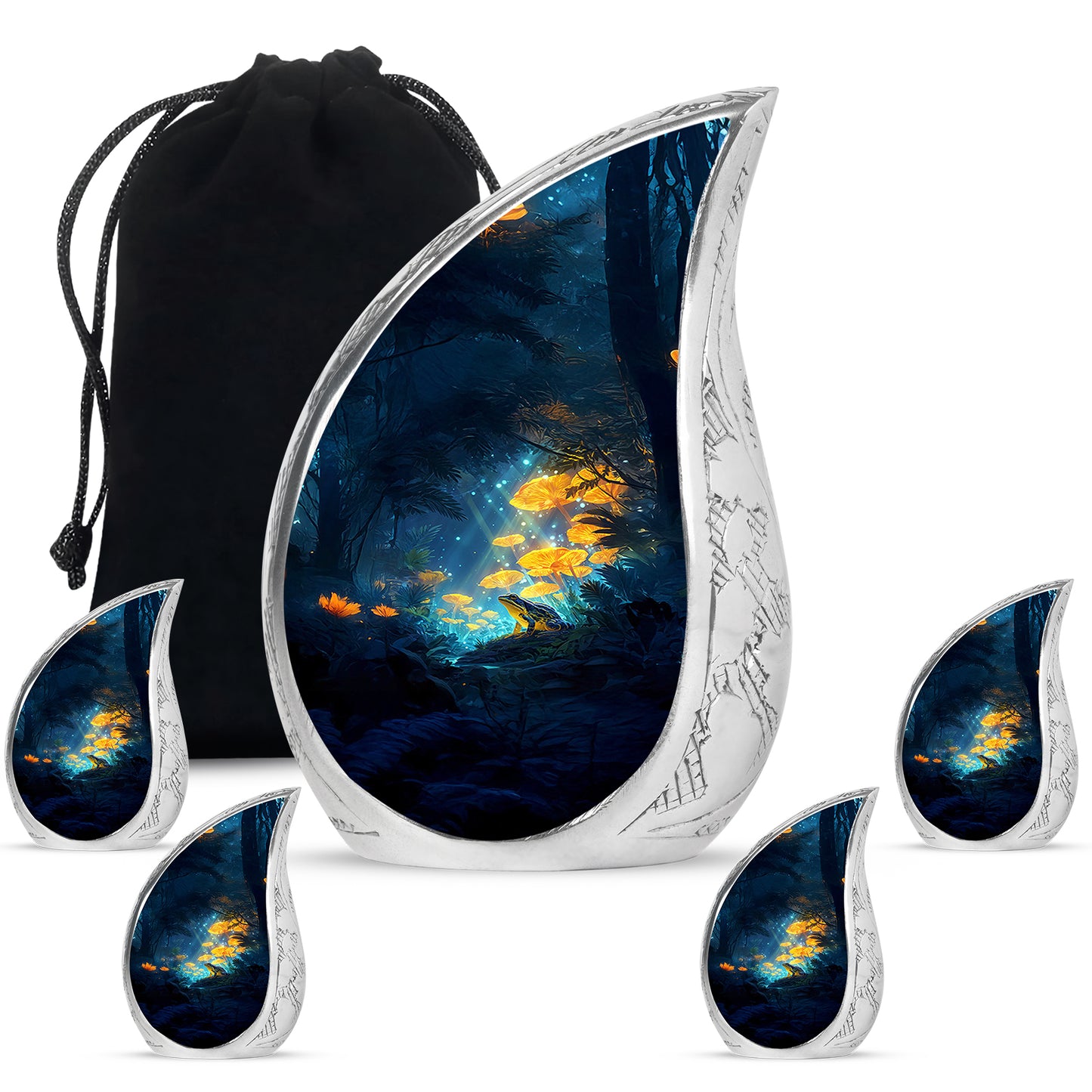Steel Blue Frog Cremation Urn side profile showing urn shape - smooth teardrop contour featuring frog art - memorial set with one large and four small urns