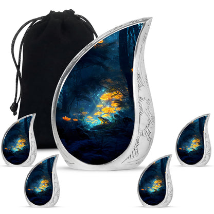 Steel Blue Frog Cremation Urn side profile showing urn shape - smooth teardrop contour featuring frog art - memorial set with one large and four small urns