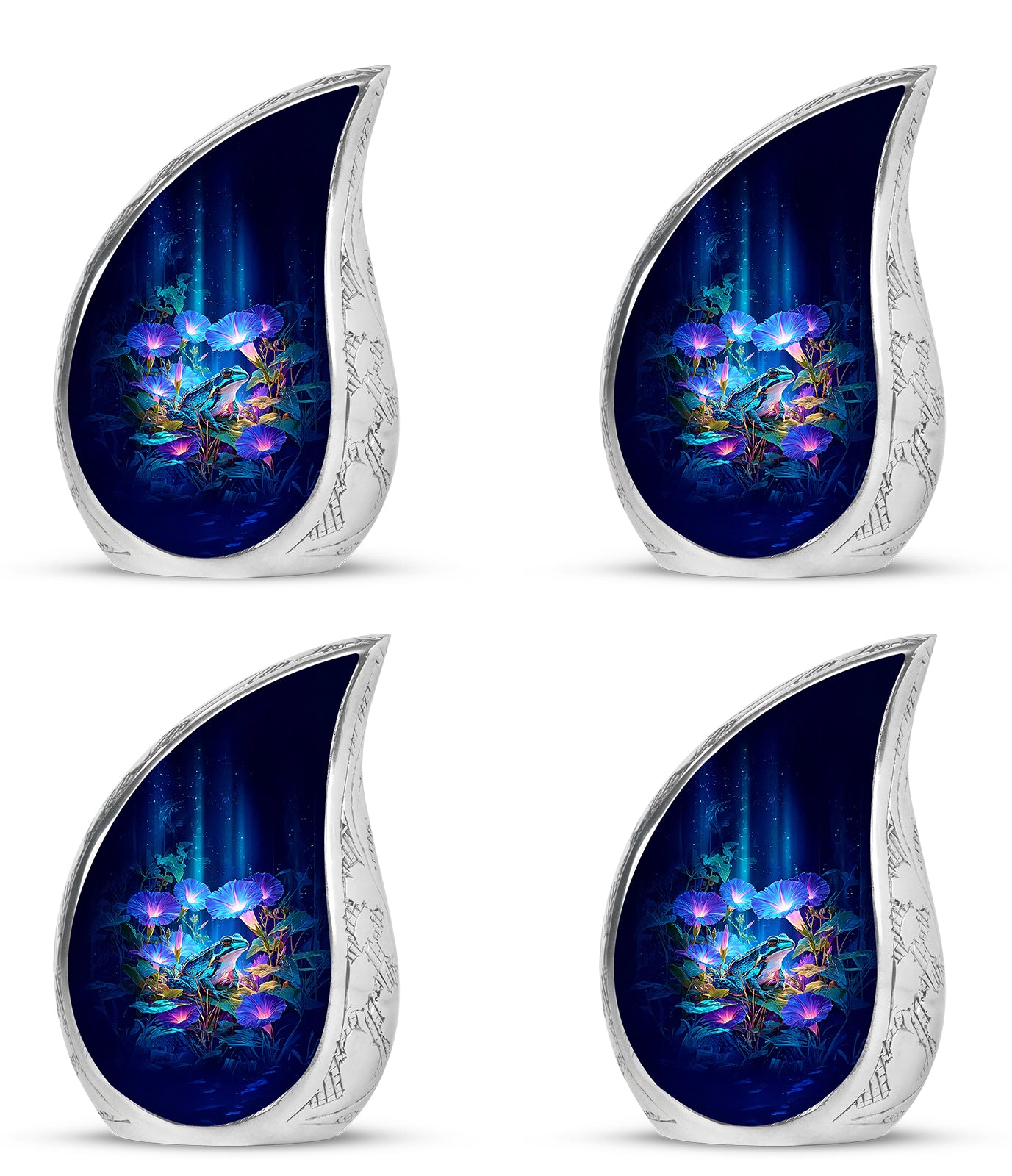 Celestial Blue Frog Cremation Urn close-up of engraving and surface detail - flowing teardrop frog silhouette on curved aluminum - 10 inch aluminum urn for cremated remains