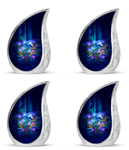 Celestial Blue Frog Cremation Urn close-up of engraving and surface detail - flowing teardrop frog silhouette on curved aluminum - 10 inch aluminum urn for cremated remains