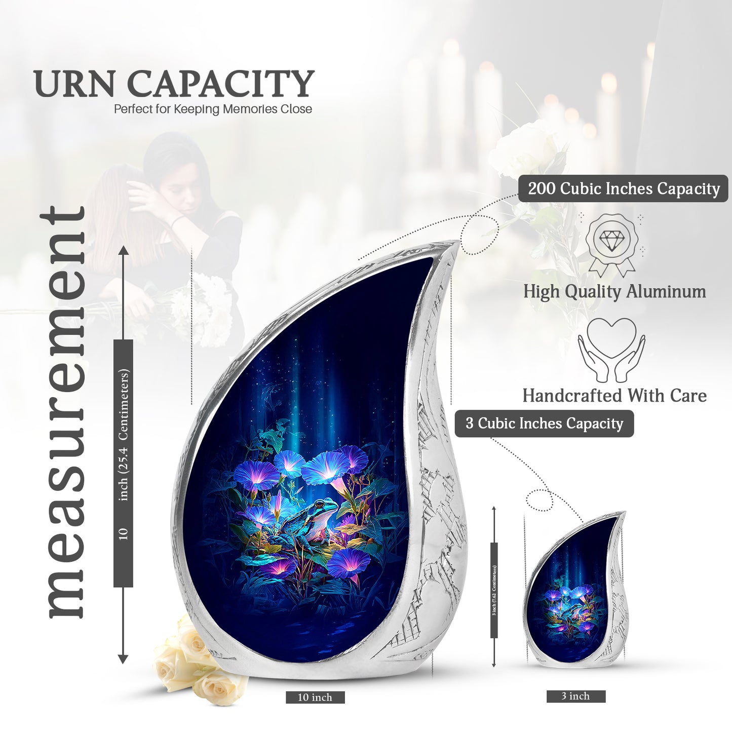 Steel Blue Frog Cremation Urn angled view of lid and engraved motif - smooth teardrop contour featuring frog art - mini keepsake memorial for portion of cremation ashes