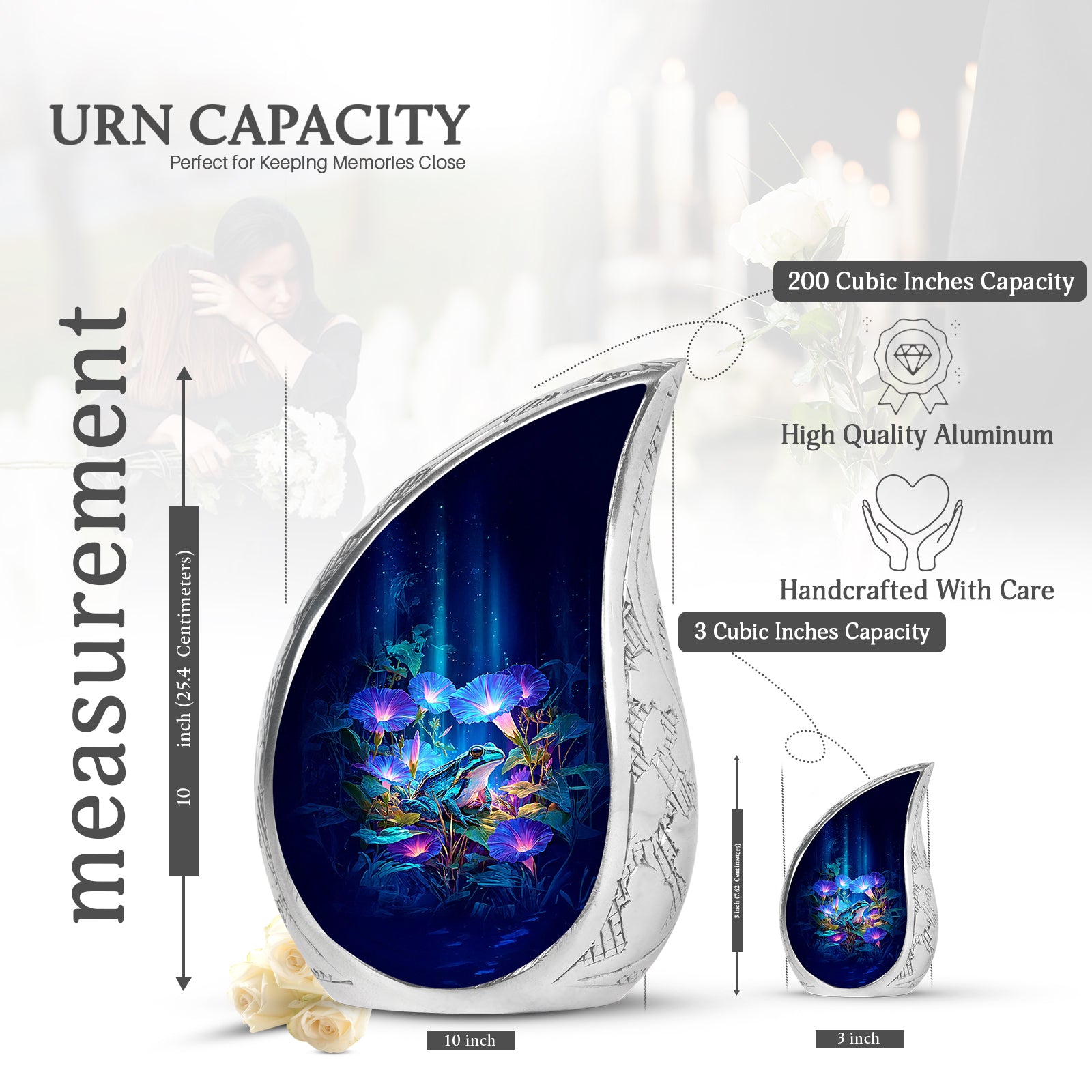 Steel Blue Frog Cremation Urn angled view of lid and engraved motif - smooth teardrop contour featuring frog art - mini keepsake memorial for portion of cremation ashes