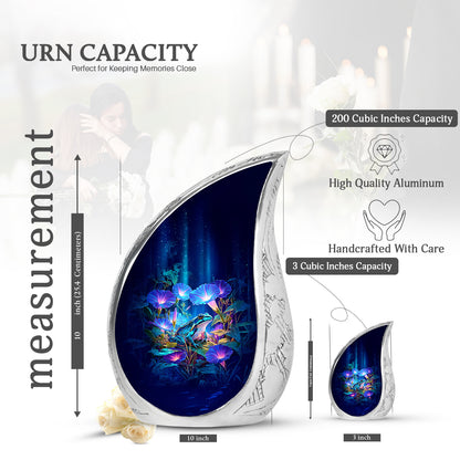 Steel Blue Frog Cremation Urn angled view of lid and engraved motif - smooth teardrop contour featuring frog art - mini keepsake memorial for portion of cremation ashes