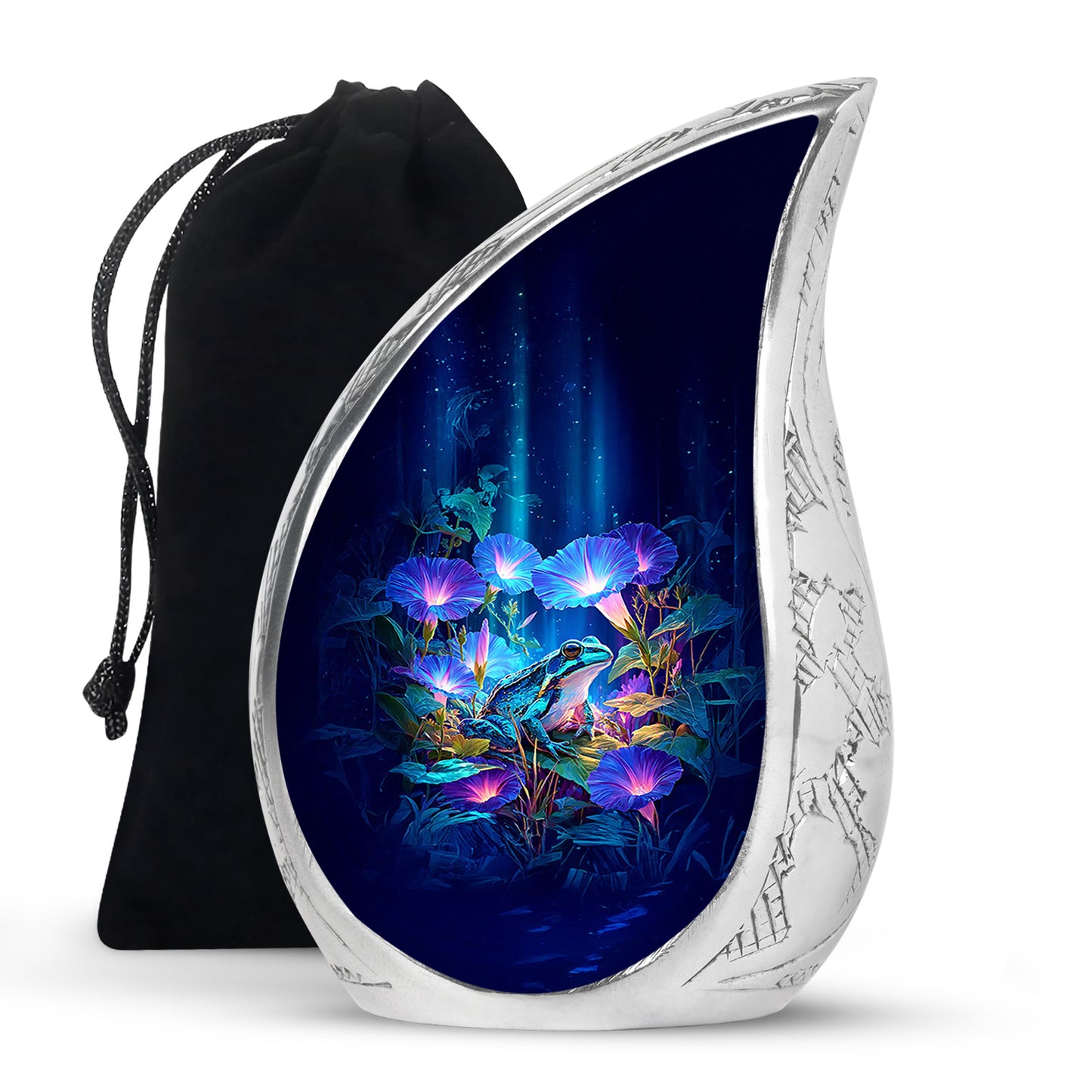 Twilight Blue Frog Cremation Urn front view showing detailed design - graceful tear-shaped urn with frog motif - full-size 10 inch 200 cubic inch adult cremation urn