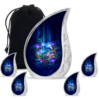 Serene Blue Frog Cremation Urn side profile showing urn shape - smooth teardrop contour featuring frog art - memorial set with one large and four small urns