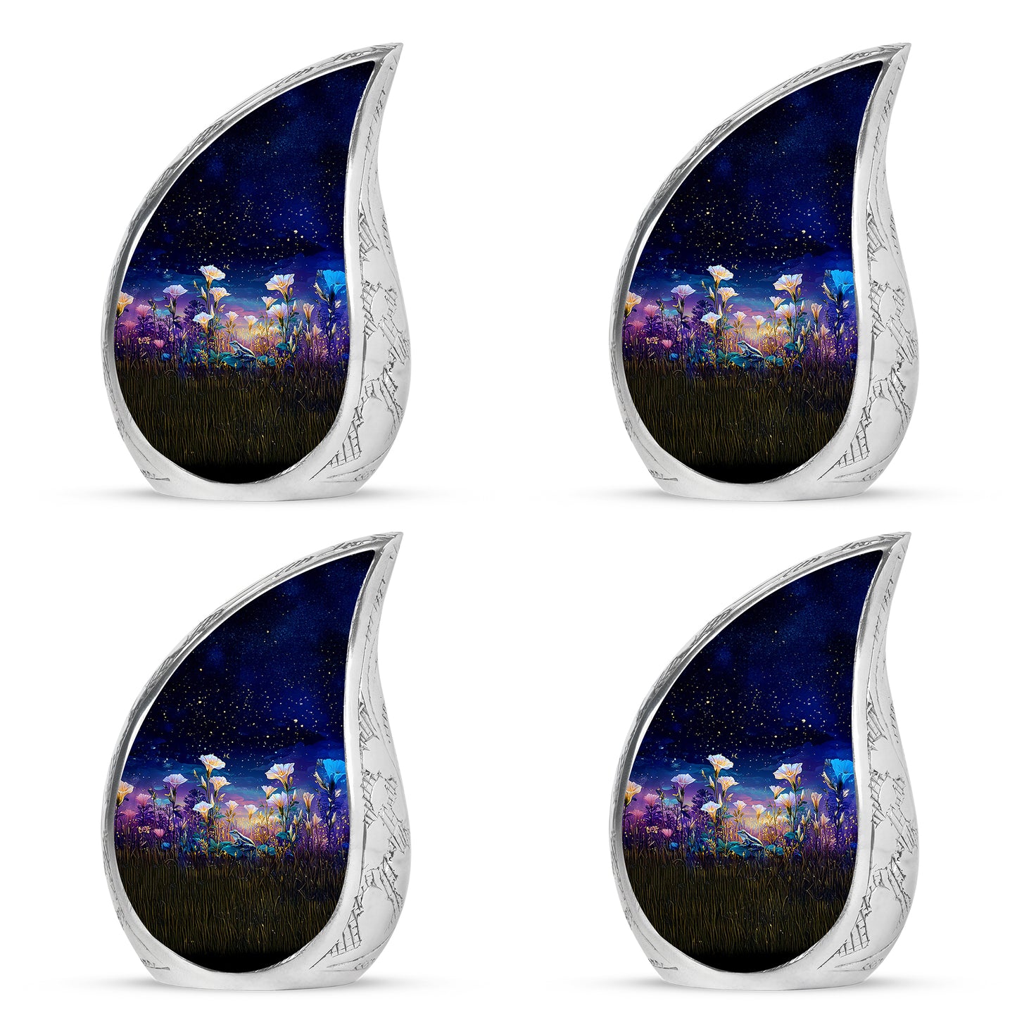 Royal Blue Frog Cremation Urn close-up of engraving and surface detail - graceful tear-shaped urn with frog motif - 10 inch aluminum urn for cremated remains
