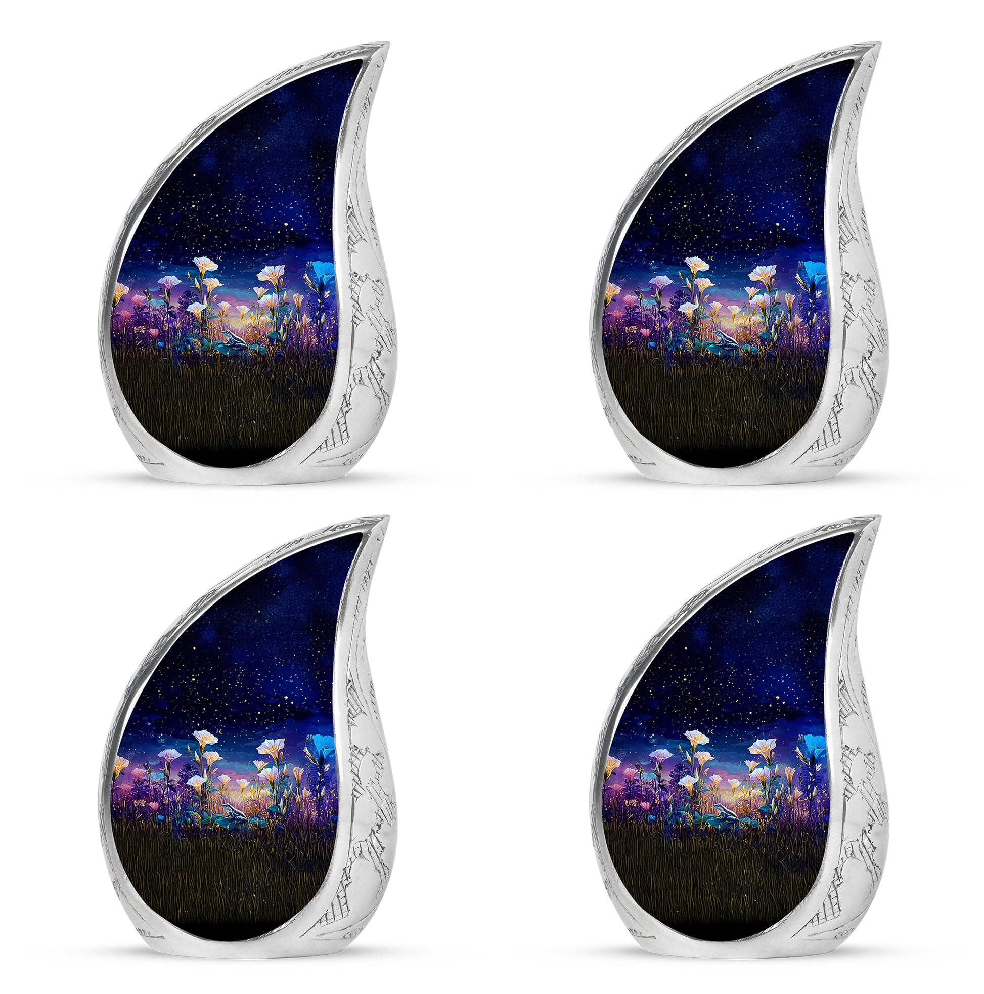 Royal Blue Frog Cremation Urn close-up of engraving and surface detail - graceful tear-shaped urn with frog motif - 10 inch aluminum urn for cremated remains