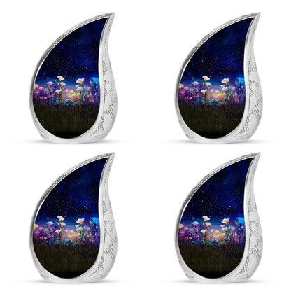 Royal Blue Frog Cremation Urn close-up of engraving and surface detail - graceful tear-shaped urn with frog motif - 10 inch aluminum urn for cremated remains