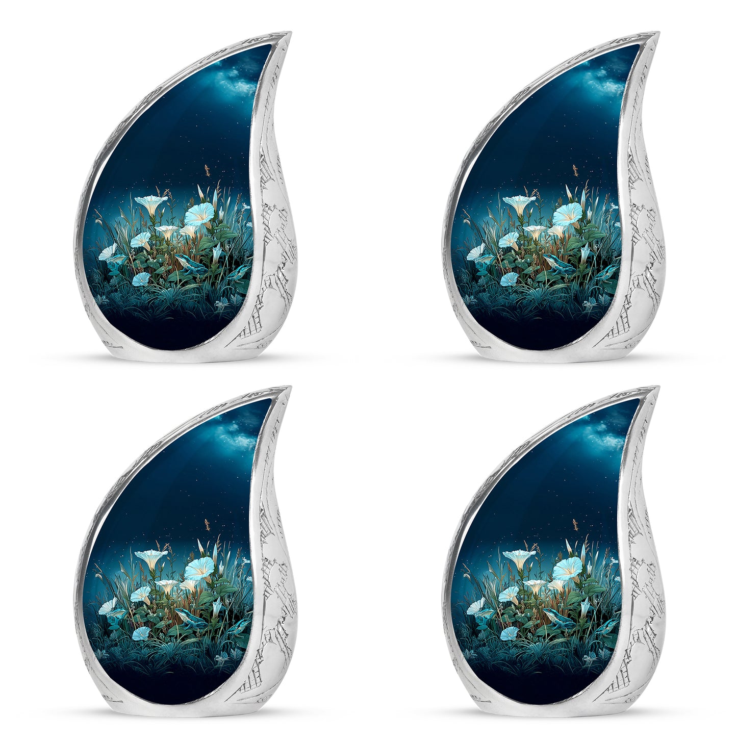 Navy Blue Frog Cremation Urn close-up of engraving and surface detail - flowing teardrop frog silhouette on curved aluminum - 10 inch aluminum urn for cremated remains